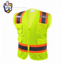 Custom Men's High quality, sleeveless, contrast color, multi pocket, zipper, engineering reflective safety vest